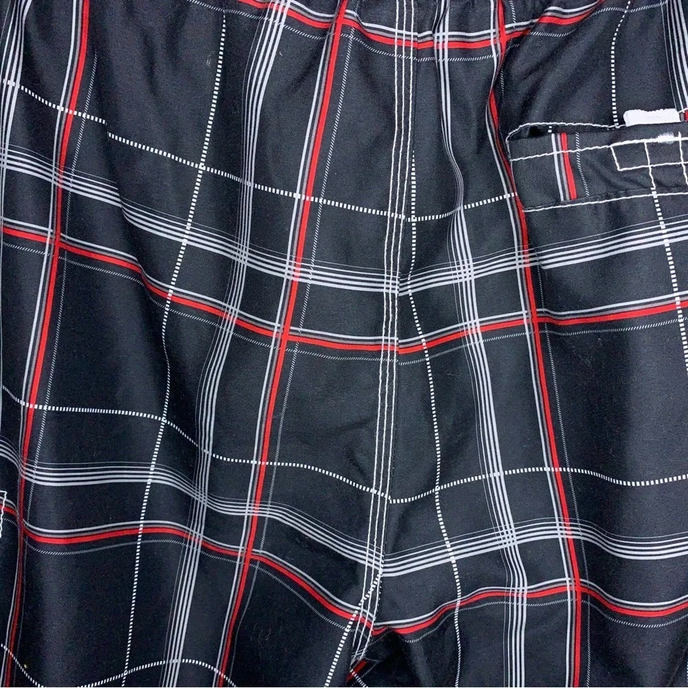 Medium OP Swim Board Trunks Shorts Black White Red Plaid Cargo Pockets
